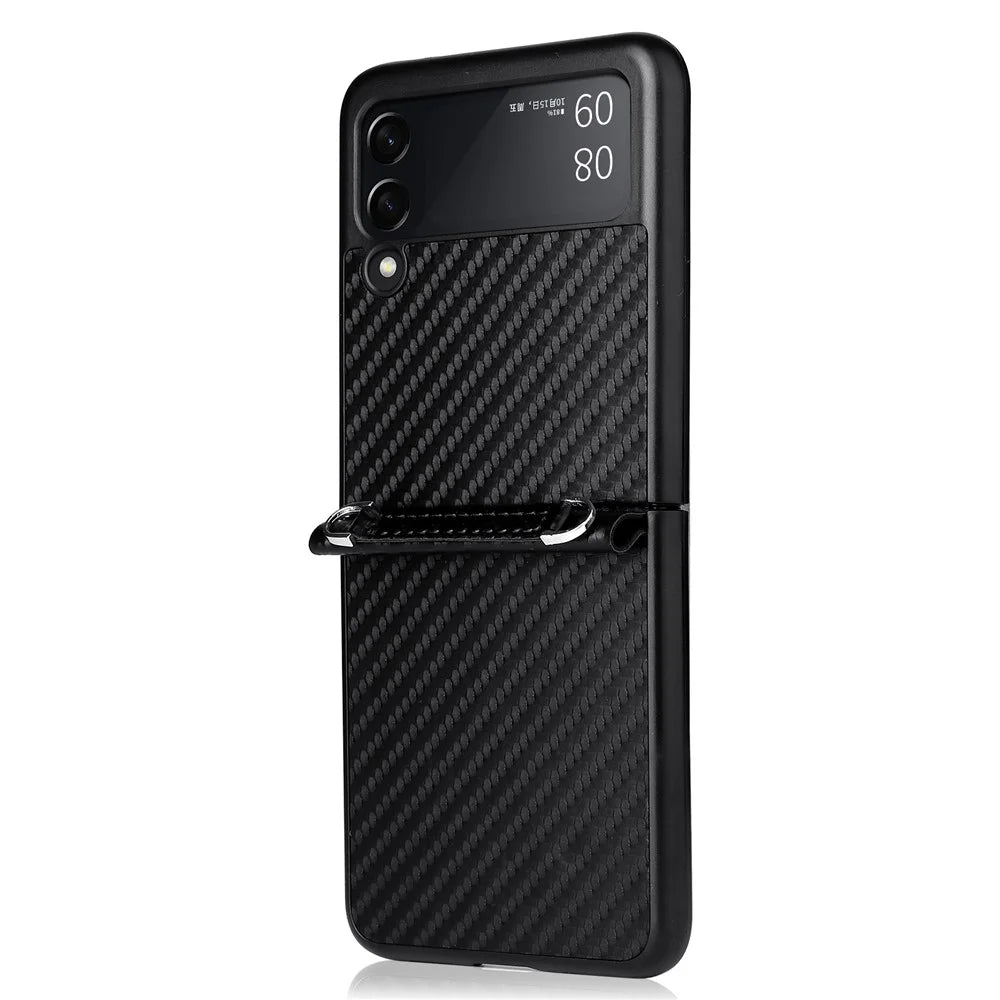 Carbon Fiber Texture One-piece Design PU Leather Coated PC Phone Case with Lanyard for Samsung Galaxy Z Flip3 5G - Black - 6