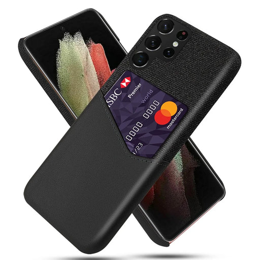 Drop-Resistant PU Leather Coated Hard PC Phone Case Cloth Texture Cover with Single Card Slot for Samsung Galaxy S22 Ultra 5G - Black - 1