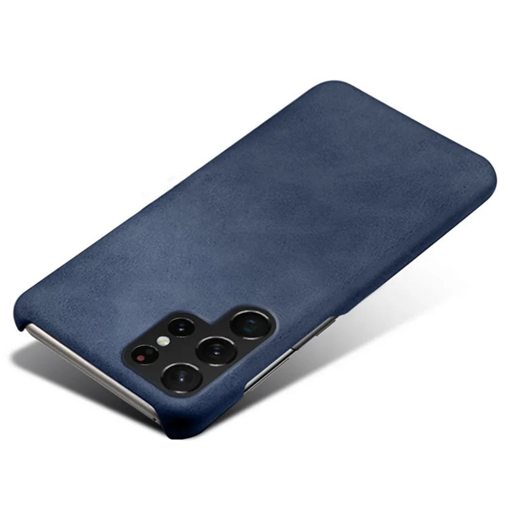 Scratch Resistant PU Leather Coated PC Phone Case Phone Cover for Samsung Galaxy S22 Ultra 5G - Blue - 3