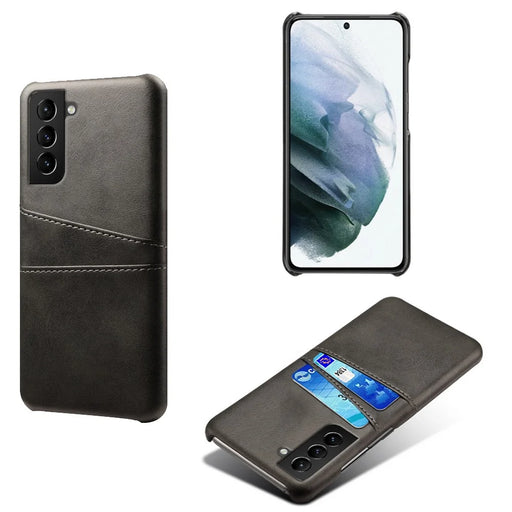 PU Leather + PC Dual Back Card Slots Design Shockproof Stylish Hard Cover Shell for Samsung Galaxy S22 5G - Black - 1