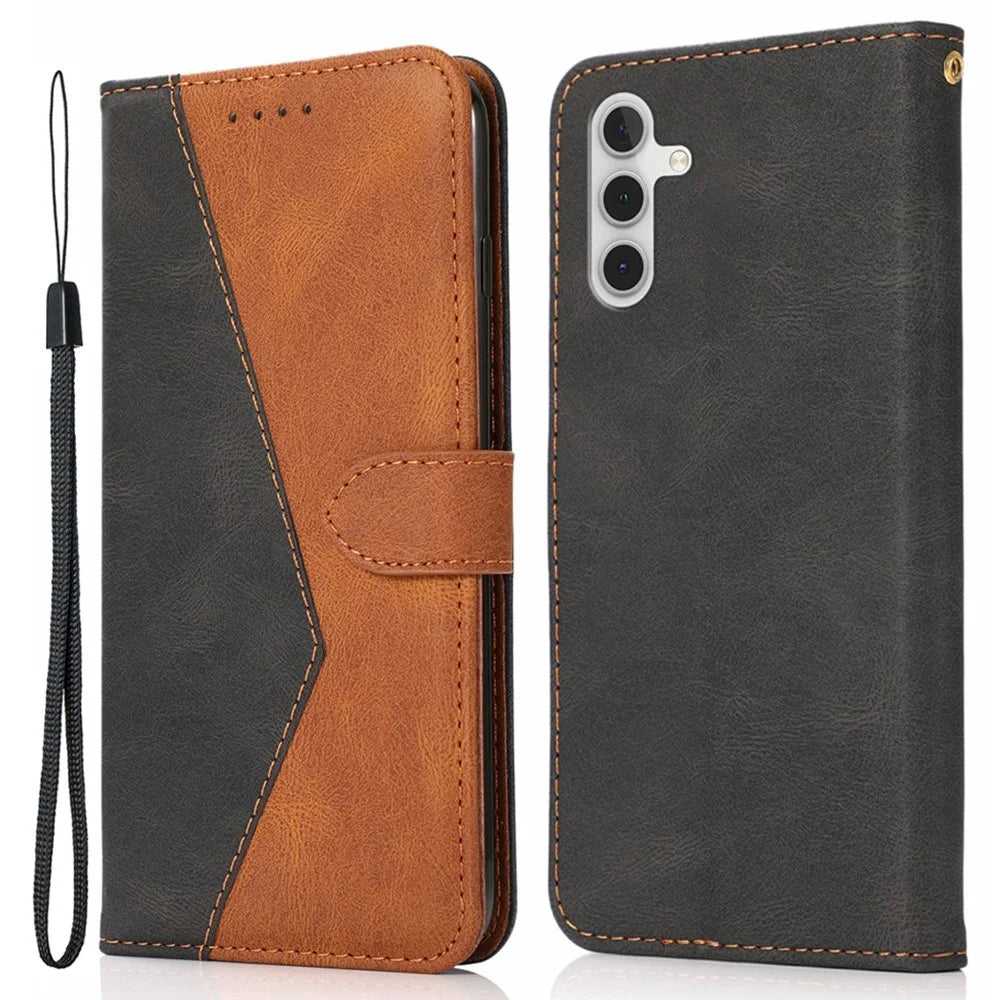 Wallet Stand Leather Phone Case Shell with Wrist Strap for Samsung Galaxy A13 5G / A04s 4G (164.7mm) - Black / Brown - 1