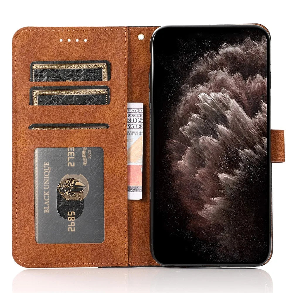 Wallet Stand Leather Phone Case Shell with Wrist Strap for Samsung Galaxy A13 5G / A04s 4G (164.7mm) - Black / Brown - 5