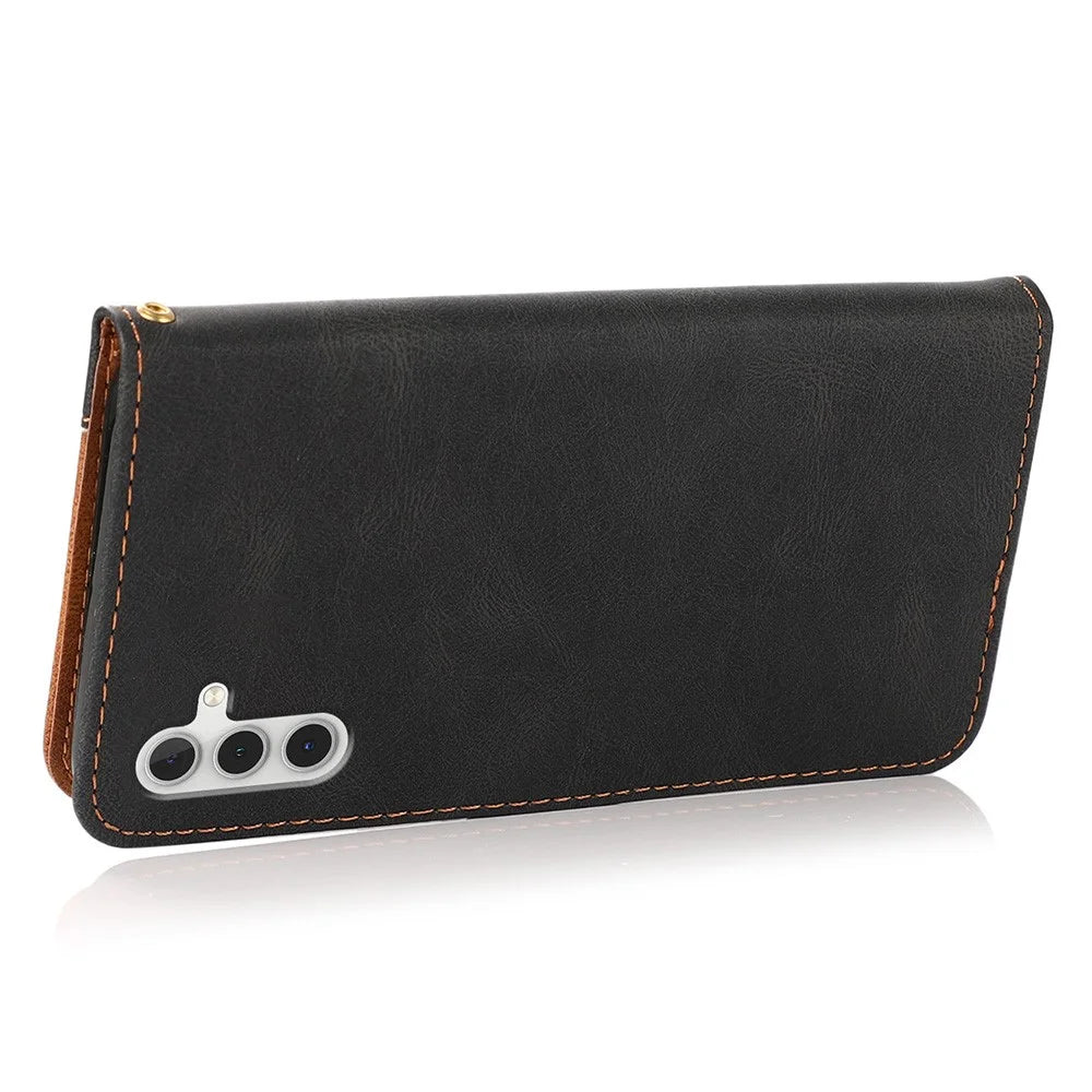 Wallet Stand Leather Phone Case Shell with Wrist Strap for Samsung Galaxy A13 5G / A04s 4G (164.7mm) - Black / Brown - 6