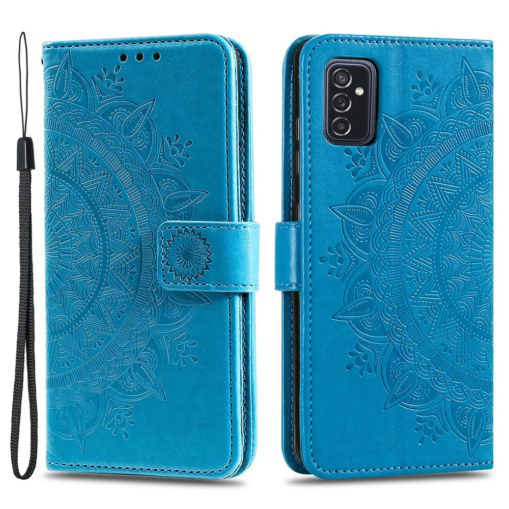 Imprinted Mandala Flower Stylish Anti-fall Wallet Stand Leather Cover Phone Shell with Handy Strap for Samsung Galaxy M52 5G - Blue - 1