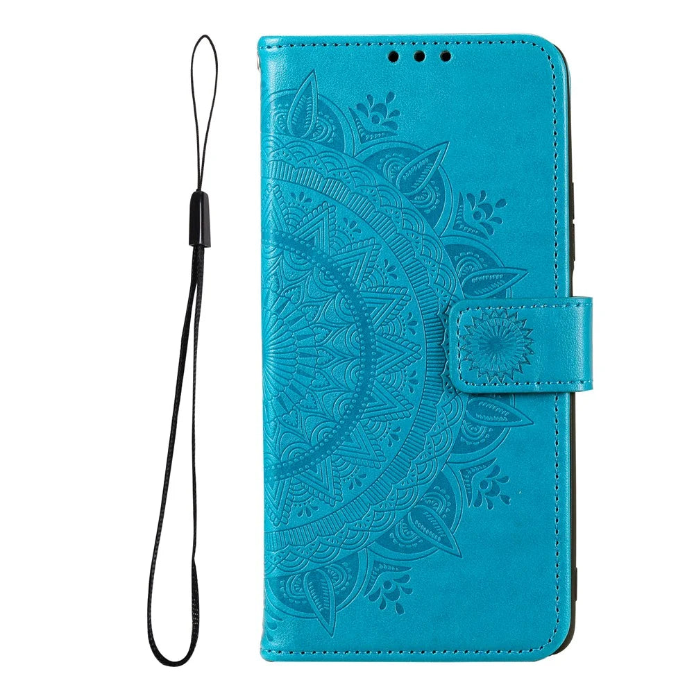 Imprinted Mandala Flower Stylish Anti-fall Wallet Stand Leather Cover Phone Shell with Handy Strap for Samsung Galaxy M52 5G - Blue - 2