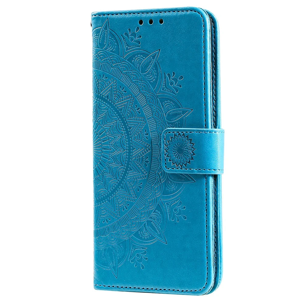Imprinted Mandala Flower Stylish Anti-fall Wallet Stand Leather Cover Phone Shell with Handy Strap for Samsung Galaxy M52 5G - Blue - 3