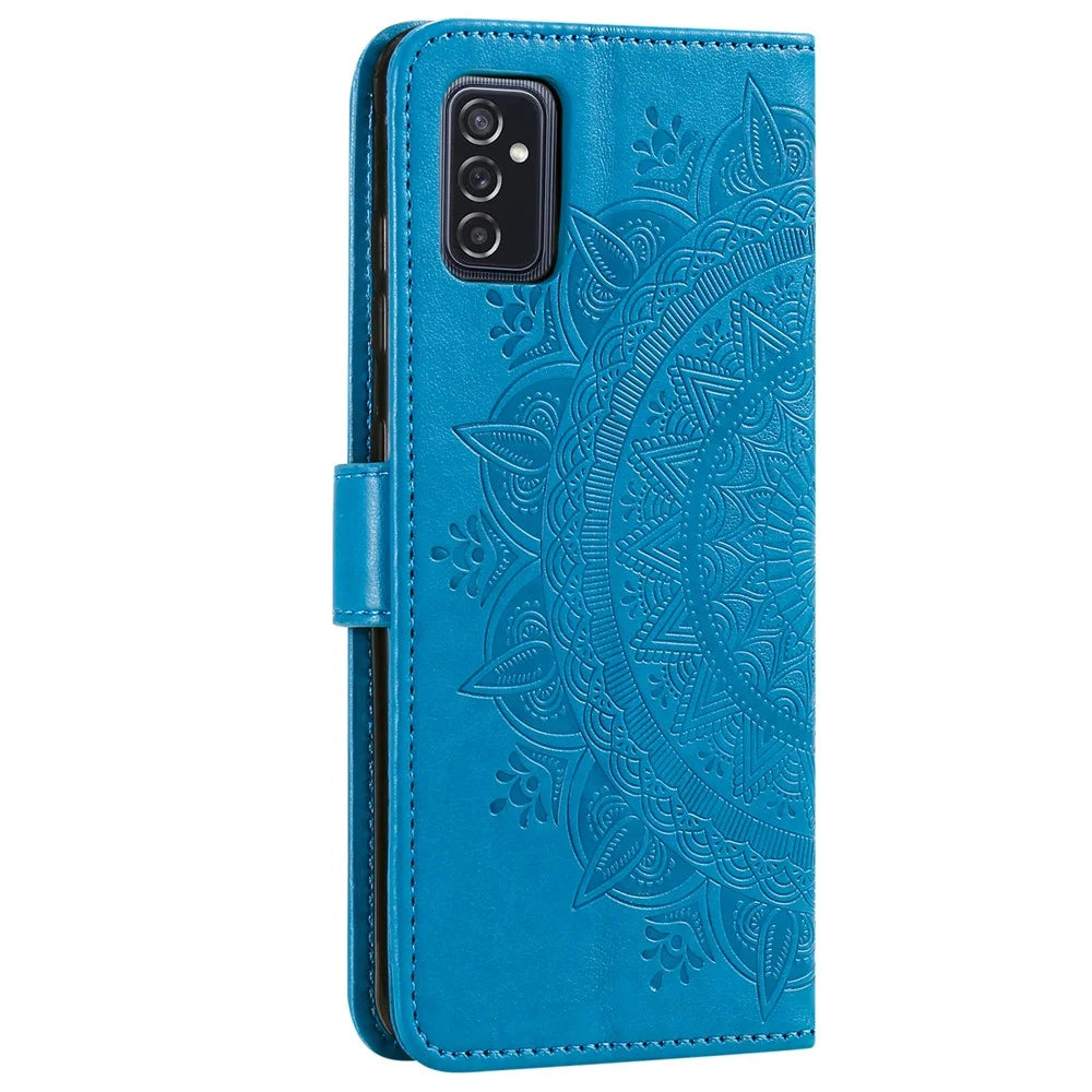 Imprinted Mandala Flower Stylish Anti-fall Wallet Stand Leather Cover Phone Shell with Handy Strap for Samsung Galaxy M52 5G - Blue - 4