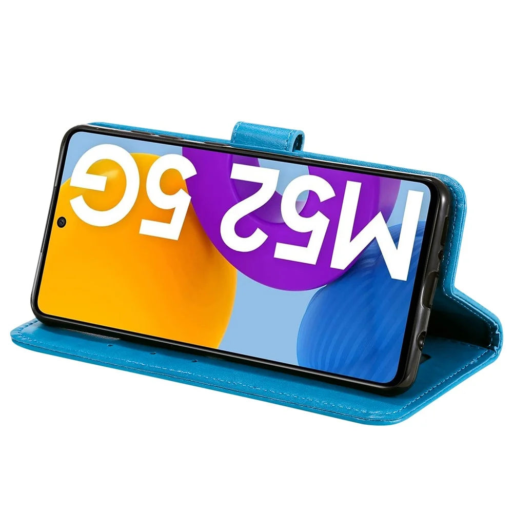 Imprinted Mandala Flower Stylish Anti-fall Wallet Stand Leather Cover Phone Shell with Handy Strap for Samsung Galaxy M52 5G - Blue - 5