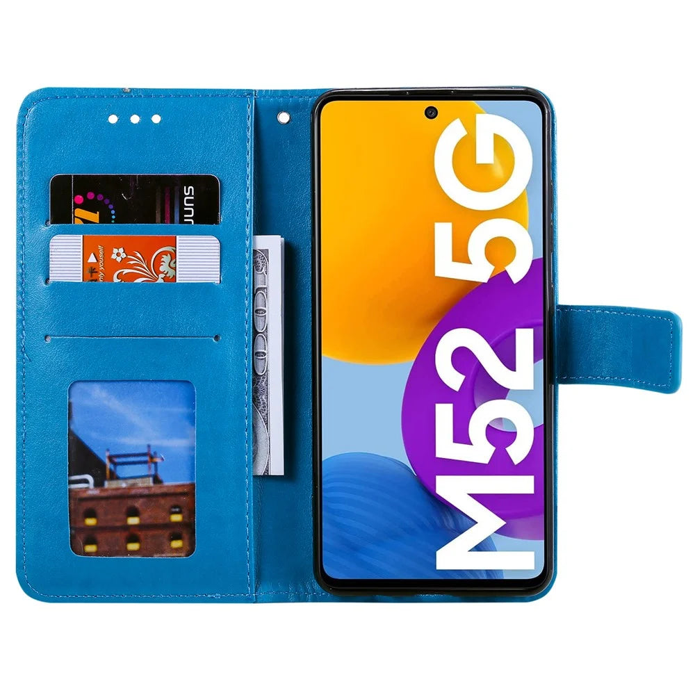 Imprinted Mandala Flower Stylish Anti-fall Wallet Stand Leather Cover Phone Shell with Handy Strap for Samsung Galaxy M52 5G - Blue - 6