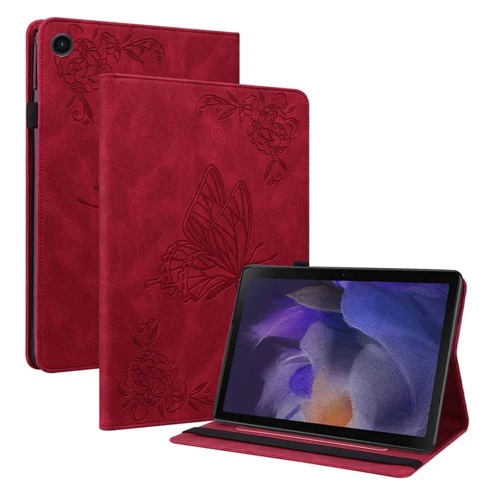 PU Leather Stand Butterfly Flower Imprinted Premium Flip Protective Case with Card Slots and Elastic Band for Samsung Galaxy Tab A8 10.5'' 2021 - Red - 1