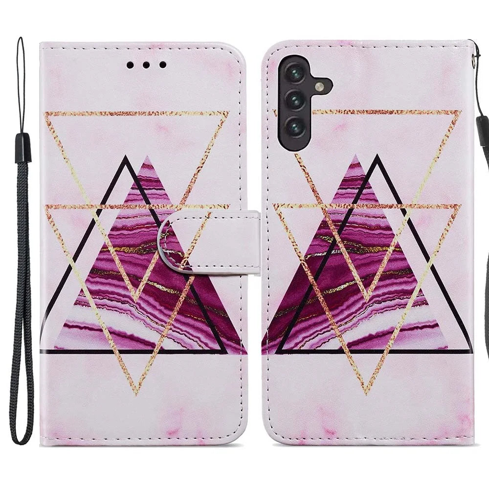 Full Body Cute Pattern Printing PU Leather Folio Stand Wallet Cover with Wrist Strap for Samsung Galaxy A13 5G / A04s 4G (164.7mm) - Tri-color Marble - 1