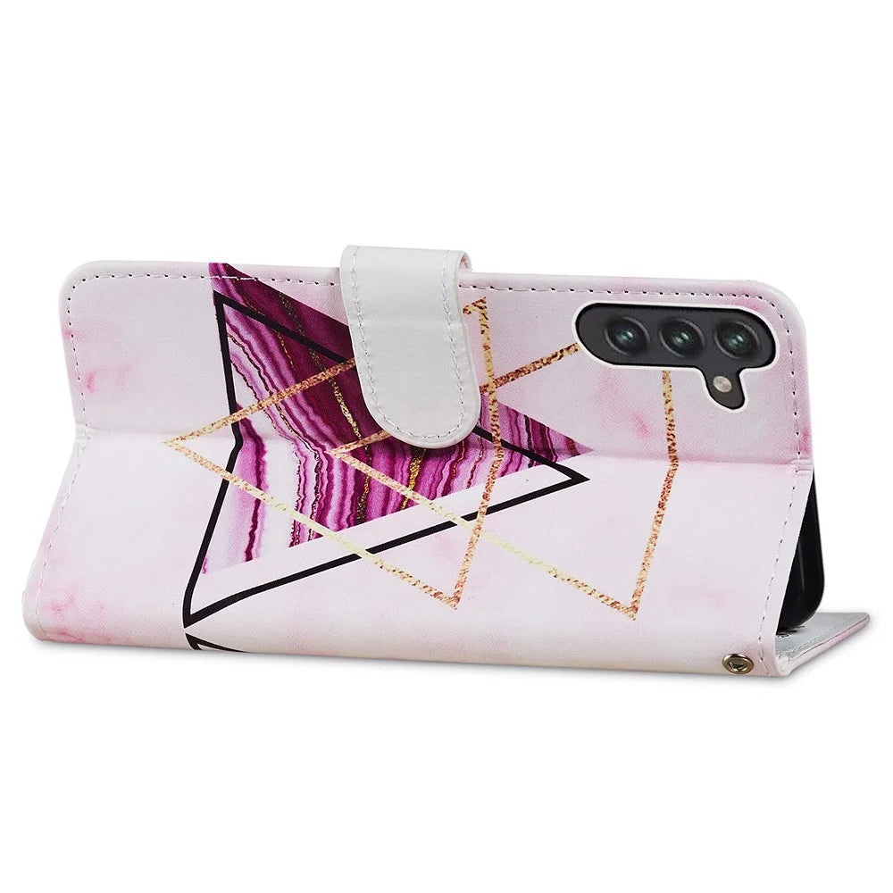 Full Body Cute Pattern Printing PU Leather Folio Stand Wallet Cover with Wrist Strap for Samsung Galaxy A13 5G / A04s 4G (164.7mm) - Tri-color Marble - 5