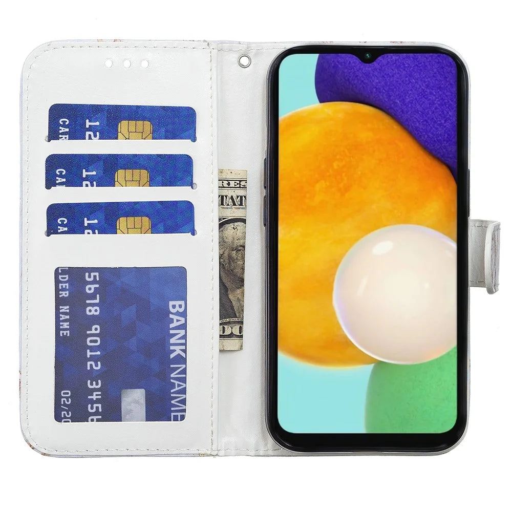 Full Body Cute Pattern Printing PU Leather Folio Stand Wallet Cover with Wrist Strap for Samsung Galaxy A13 5G / A04s 4G (164.7mm) - Tri-color Marble - 6
