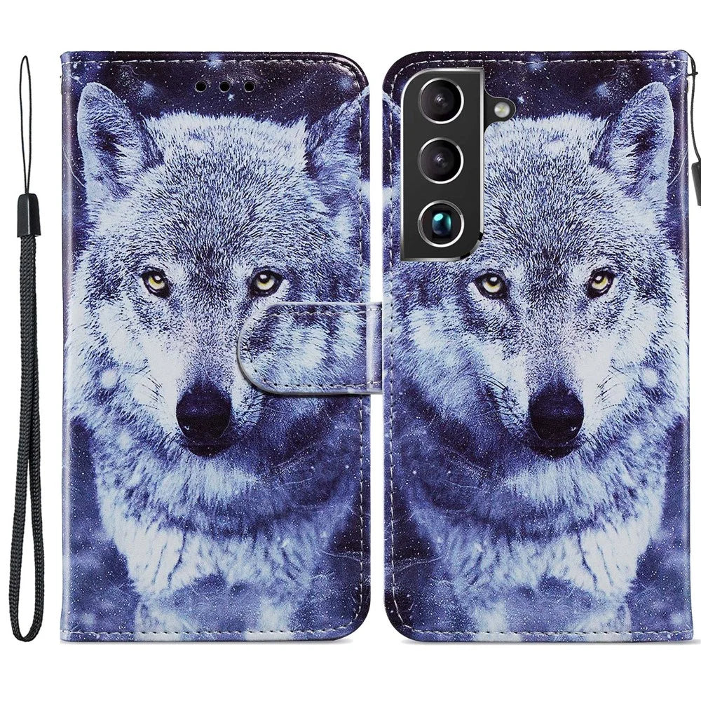 Stand Bookstyle Pattern Printing PU Leather Wallet Magnetic Flip Folio Cover with Wrist Strap for Samsung Galaxy S22 5G - Wolf - 1