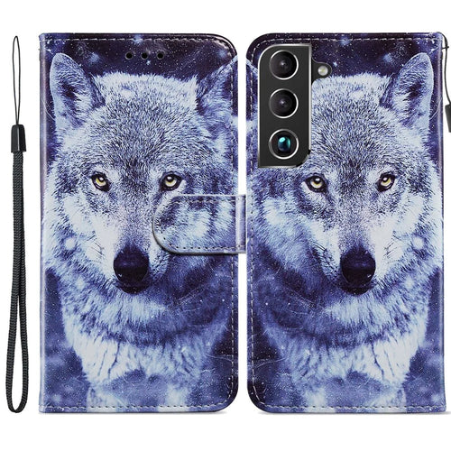 Stand Bookstyle Pattern Printing PU Leather Wallet Magnetic Flip Folio Cover with Wrist Strap for Samsung Galaxy S22 5G - Wolf - 1