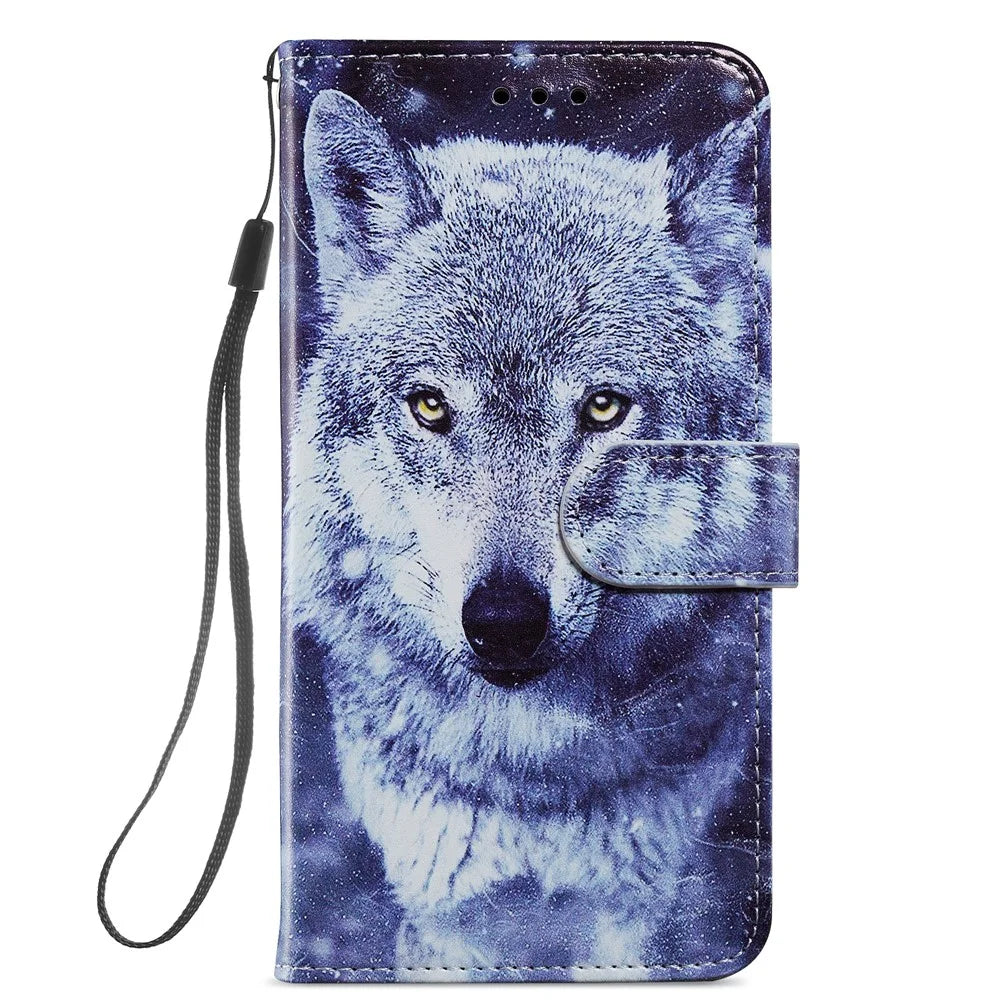 Stand Bookstyle Pattern Printing PU Leather Wallet Magnetic Flip Folio Cover with Wrist Strap for Samsung Galaxy S22 5G - Wolf - 2