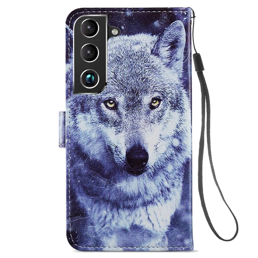 Stand Bookstyle Pattern Printing PU Leather Wallet Magnetic Flip Folio Cover with Wrist Strap for Samsung Galaxy S22 5G - Wolf - 3