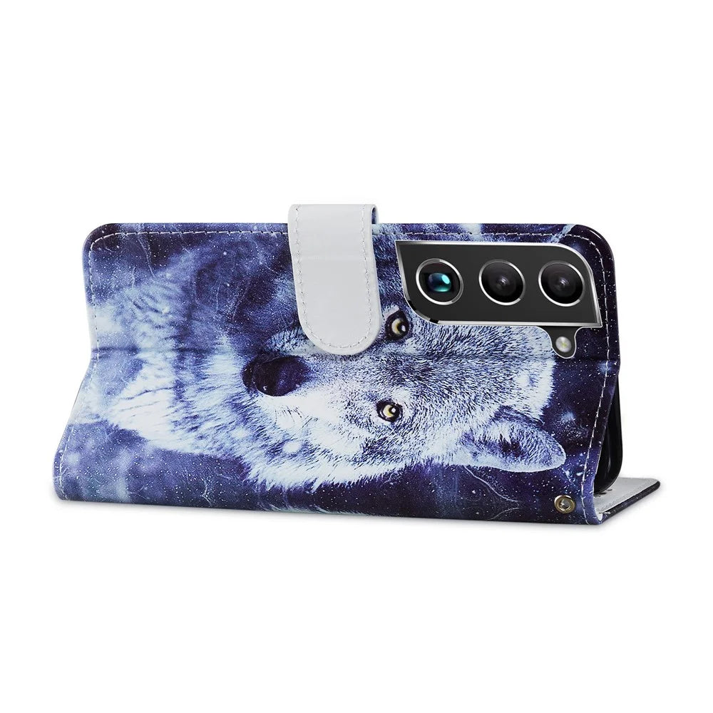 Stand Bookstyle Pattern Printing PU Leather Wallet Magnetic Flip Folio Cover with Wrist Strap for Samsung Galaxy S22 5G - Wolf - 4