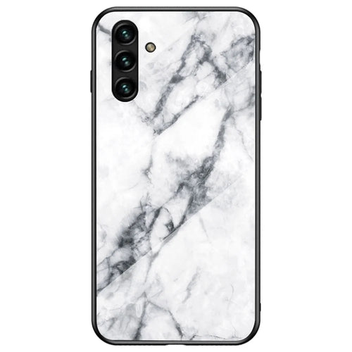 Marble Pattern Stylish Slim Light Anti-scratch Soft TPU Frame PC and Tempered Glass Back Case for Samsung Galaxy A13 5G - White Marble - 1