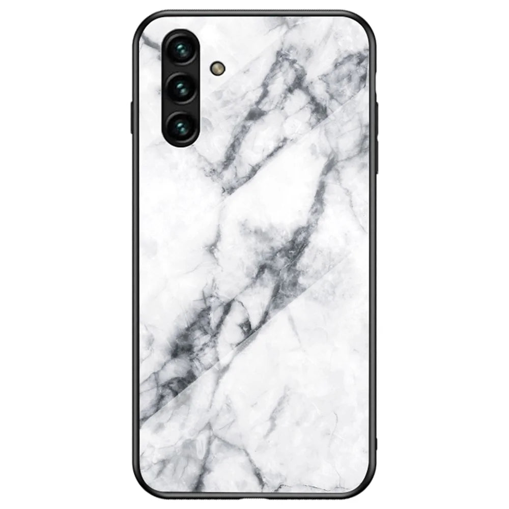 Marble Pattern Stylish Slim Light Anti-scratch Soft TPU Frame PC and Tempered Glass Back Case for Samsung Galaxy A13 5G - White Marble - 1