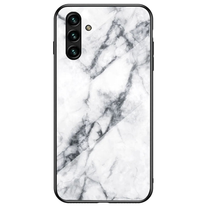 Marble Pattern Stylish Slim Light Anti-scratch Soft TPU Frame PC and Tempered Glass Back Case for Samsung Galaxy A13 5G - White Marble - 1