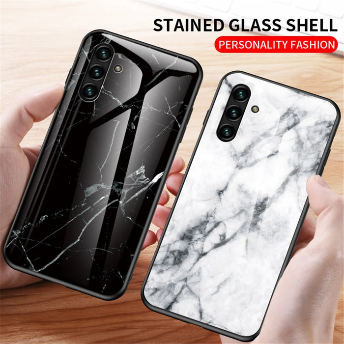 Marble Pattern Stylish Slim Light Anti-scratch Soft TPU Frame PC and Tempered Glass Back Case for Samsung Galaxy A13 5G - White Marble - 4