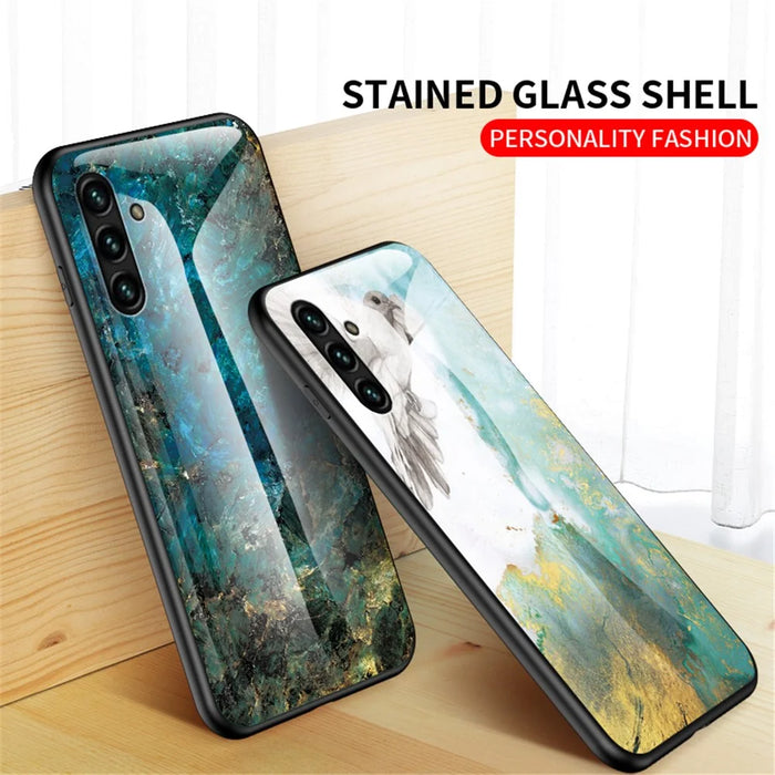 Marble Pattern Stylish Slim Light Anti-scratch Soft TPU Frame PC and Tempered Glass Back Case for Samsung Galaxy A13 5G - White Marble - 5