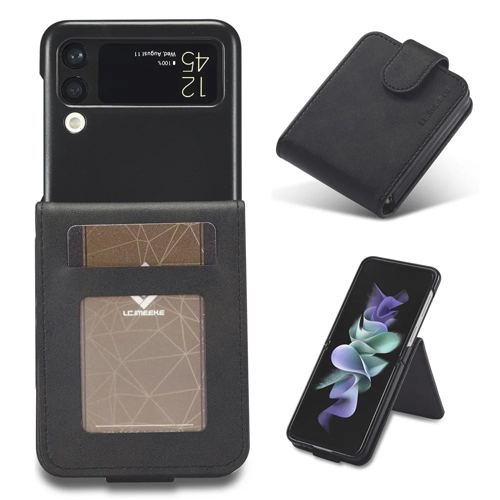 LC.IMEEKE Supporting Stand Card Slot Design Phone Cover PU Leather Folding Phone Case for Samsung Galaxy Z Flip3 5G - Black - 1