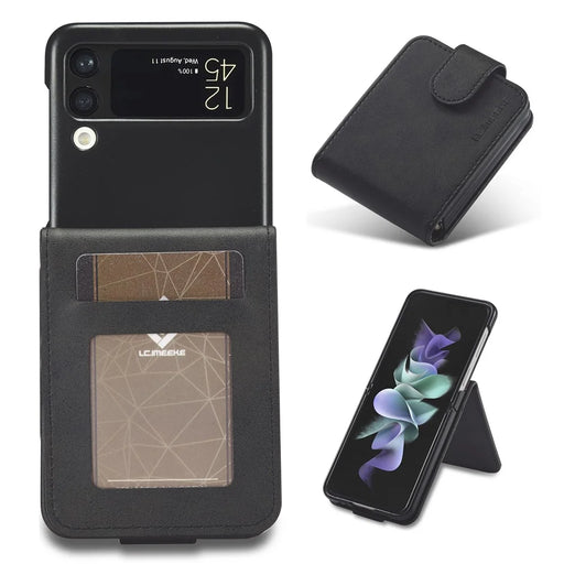 LC.IMEEKE Supporting Stand Card Slot Design Phone Cover PU Leather Folding Phone Case for Samsung Galaxy Z Flip3 5G - Black - 1