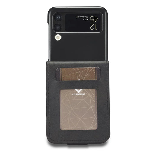 LC.IMEEKE Supporting Stand Card Slot Design Phone Cover PU Leather Folding Phone Case for Samsung Galaxy Z Flip3 5G - Black - 2