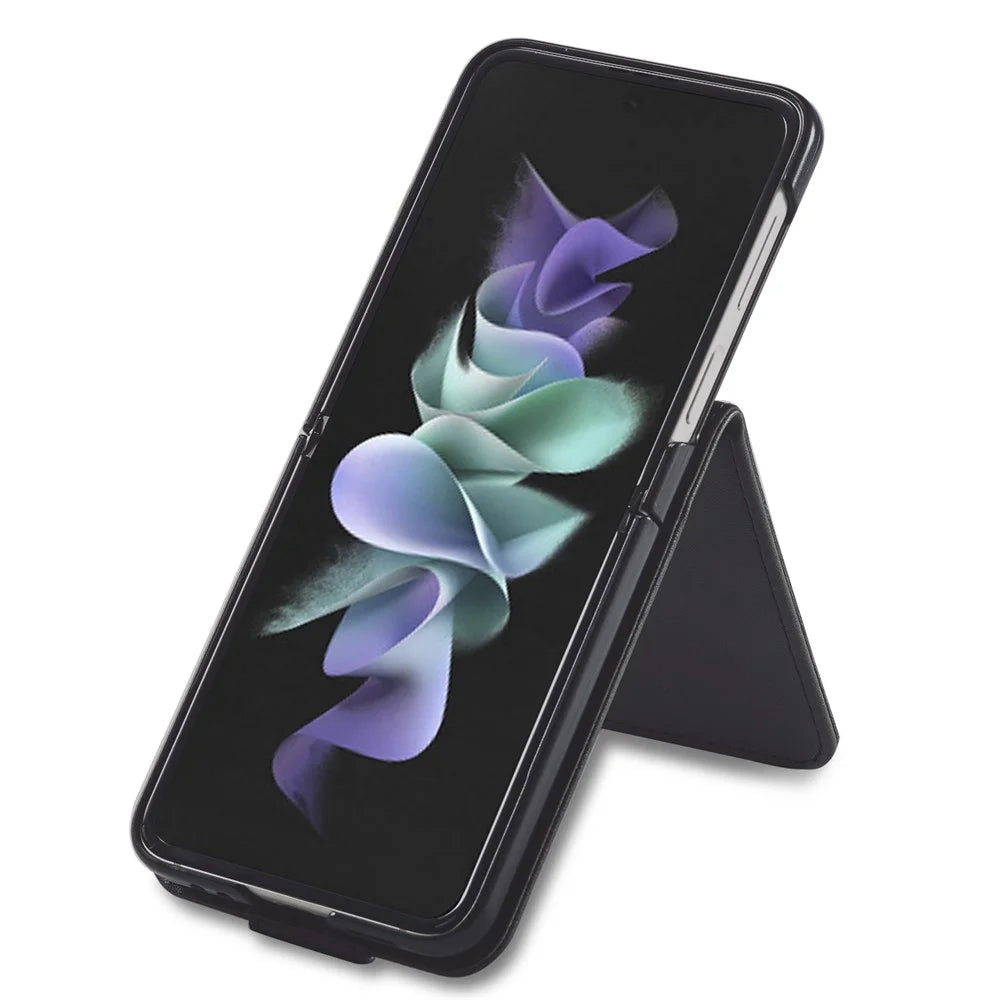 LC.IMEEKE Supporting Stand Card Slot Design Phone Cover PU Leather Folding Phone Case for Samsung Galaxy Z Flip3 5G - Black - 3