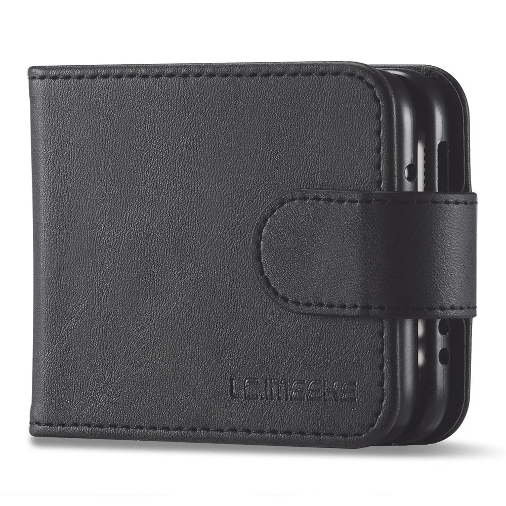 LC.IMEEKE Supporting Stand Card Slot Design Phone Cover PU Leather Folding Phone Case for Samsung Galaxy Z Flip3 5G - Black - 5
