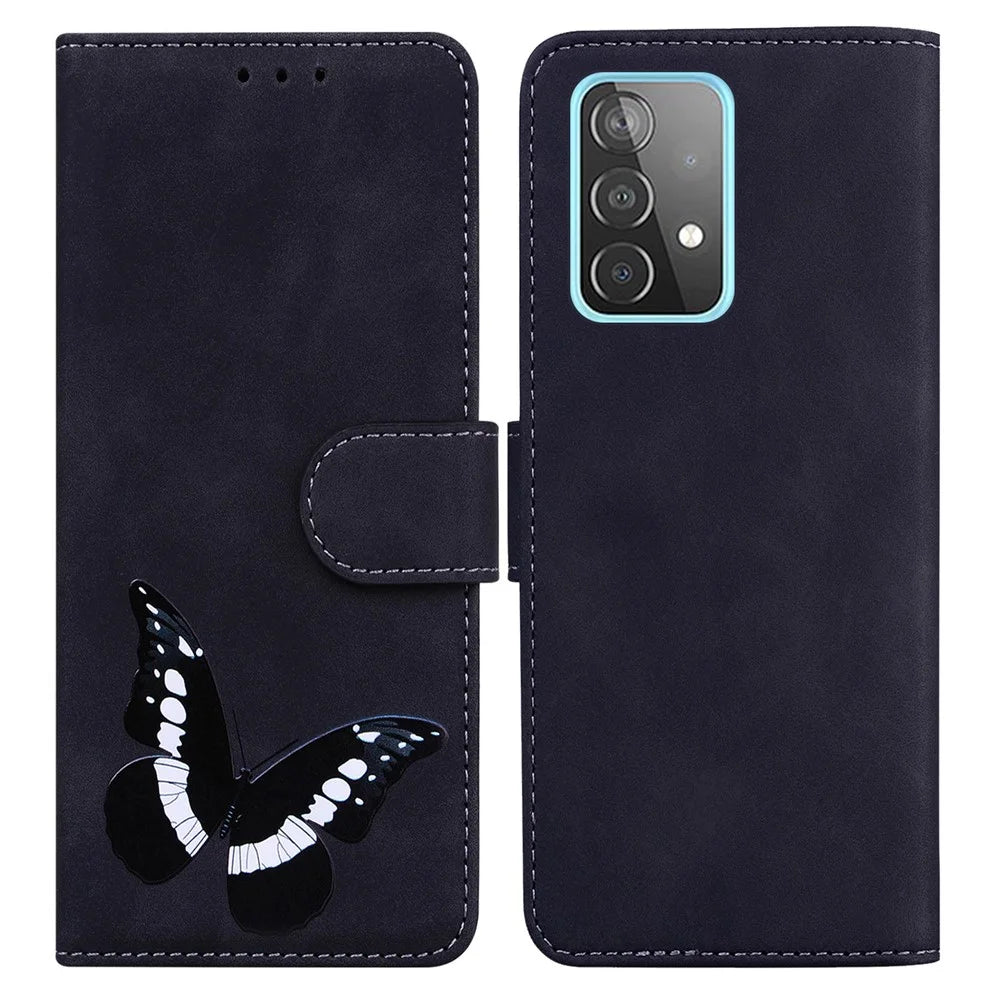 Skin-touch Big Butterfly Printing Phone Shockproof Anti-drop Cover PU Leather Case with Wallet Stand for Samsung Galaxy A52 5G/A52 4G/A52s 5G - Black - 1