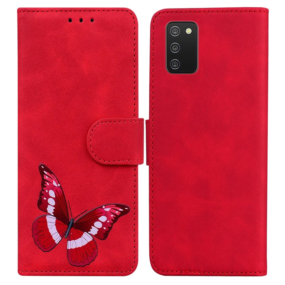 Adjustable Stand Design Big Butterfly Color Printing Skin-Touch PU Leather Wallet Phone Cover Shell for Samsung Galaxy A02s (164.2mm) - Red - 1