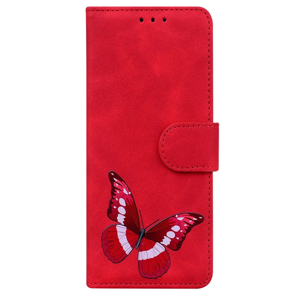 Adjustable Stand Design Big Butterfly Color Printing Skin-Touch PU Leather Wallet Phone Cover Shell for Samsung Galaxy A02s (164.2mm) - Red - 2