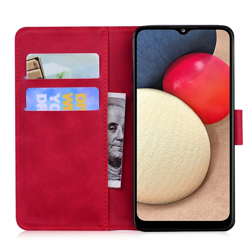 Adjustable Stand Design Big Butterfly Color Printing Skin-Touch PU Leather Wallet Phone Cover Shell for Samsung Galaxy A02s (164.2mm) - Red - 4