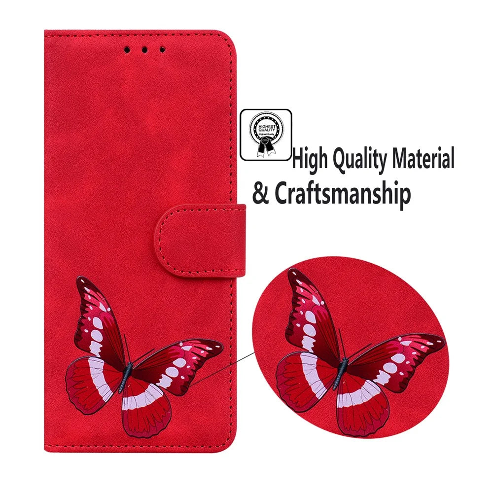 Adjustable Stand Design Big Butterfly Color Printing Skin-Touch PU Leather Wallet Phone Cover Shell for Samsung Galaxy A02s (164.2mm) - Red - 5
