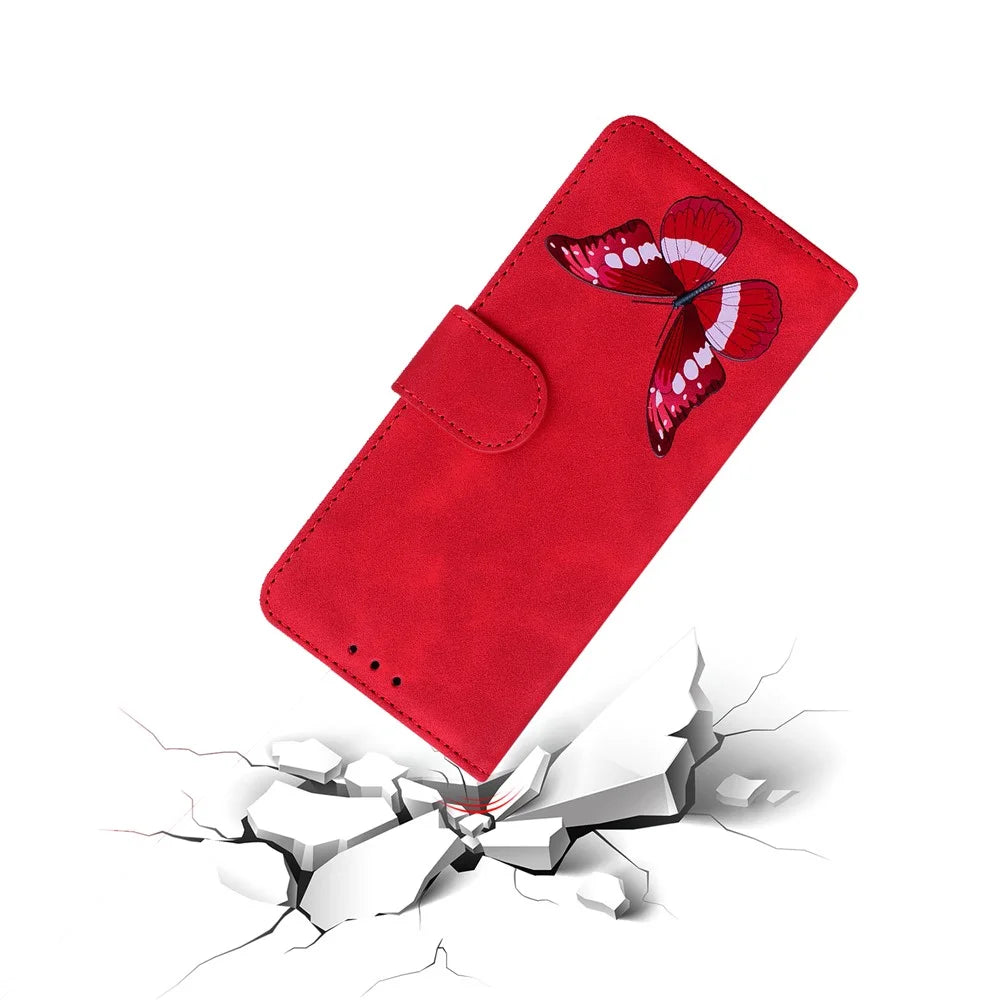 Adjustable Stand Design Big Butterfly Color Printing Skin-Touch PU Leather Wallet Phone Cover Shell for Samsung Galaxy A02s (164.2mm) - Red - 6