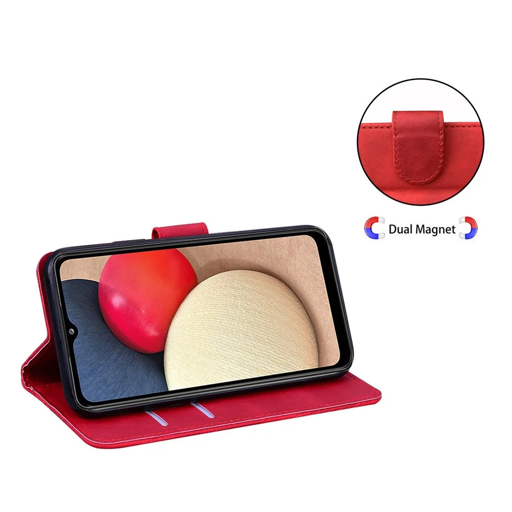 Adjustable Stand Design Big Butterfly Color Printing Skin-Touch PU Leather Wallet Phone Cover Shell for Samsung Galaxy A02s (164.2mm) - Red - 7