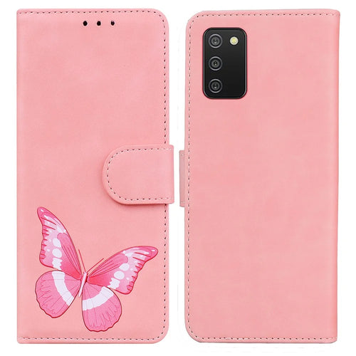 Wallet Stand Design Big Butterfly Color Printing Skin-Touch PU Leather Phone Cover Shell for Samsung Galaxy A02s (166.5mm) - Pink - 1