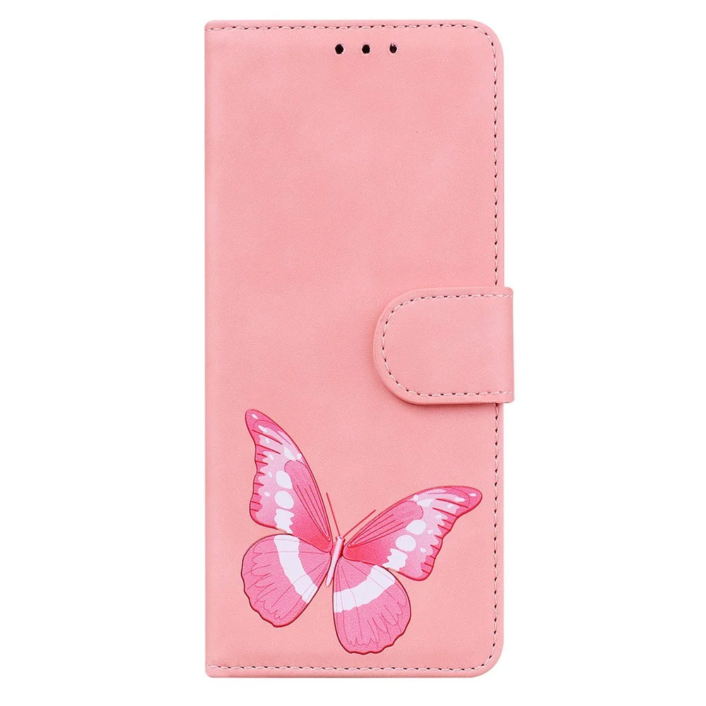 Wallet Stand Design Big Butterfly Color Printing Skin-Touch PU Leather Phone Cover Shell for Samsung Galaxy A02s (166.5mm) - Pink - 2