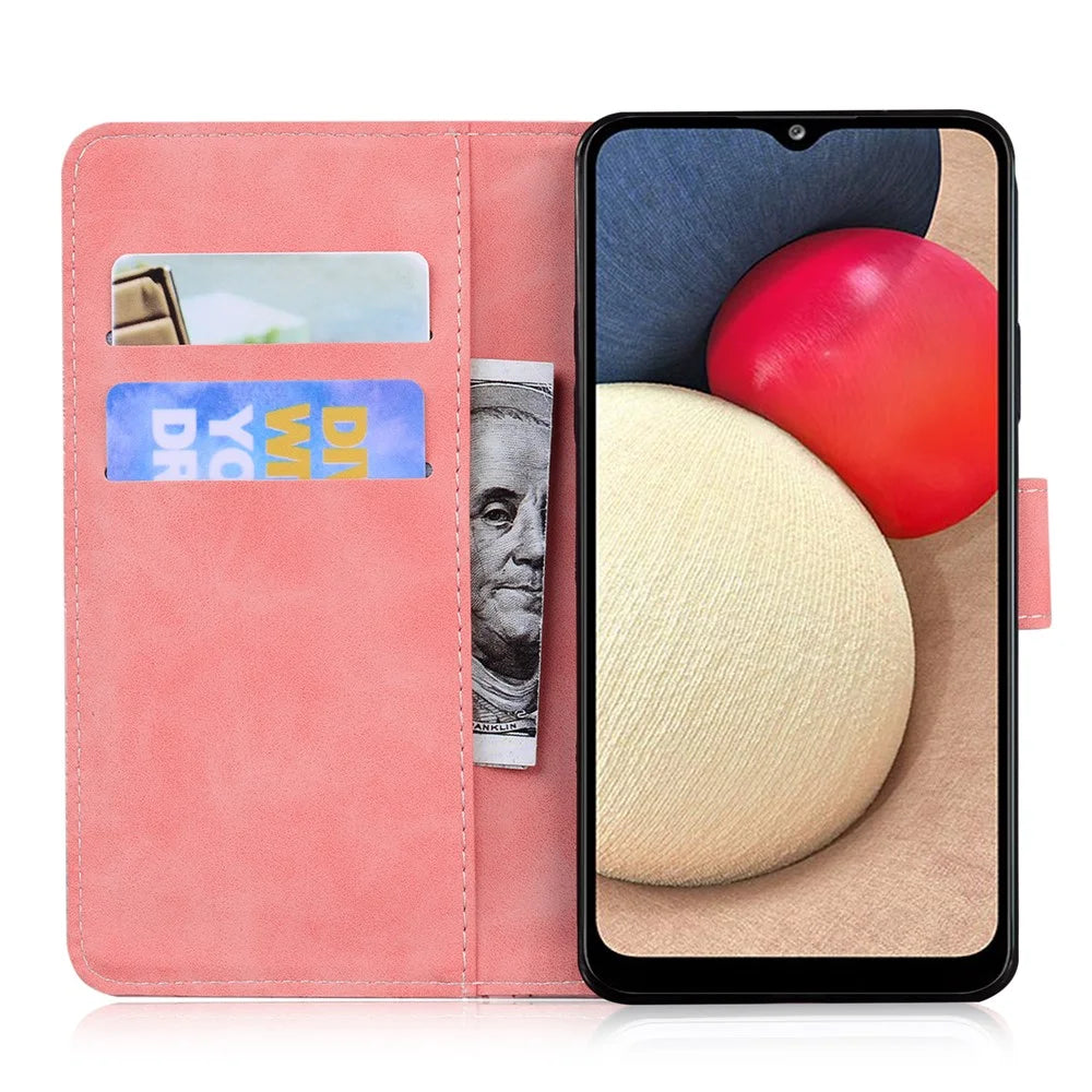 Wallet Stand Design Big Butterfly Color Printing Skin-Touch PU Leather Phone Cover Shell for Samsung Galaxy A02s (166.5mm) - Pink - 4