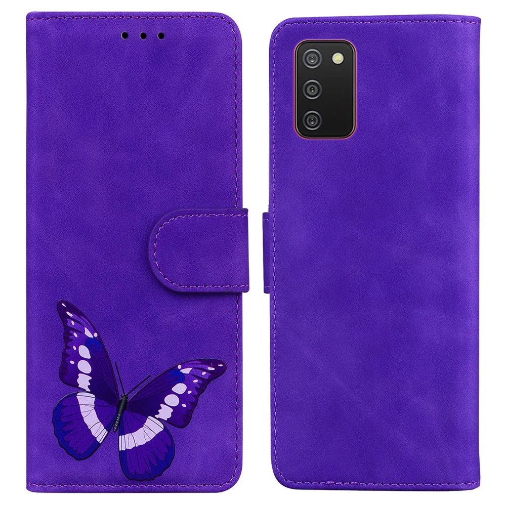 Magnetic Clasp Big Butterfly Pattern Printing Skin-touch PU Leather Phone Cover Shell with Stand Wallet for Samsung Galaxy A03s (166.5mm) - Purple - 1