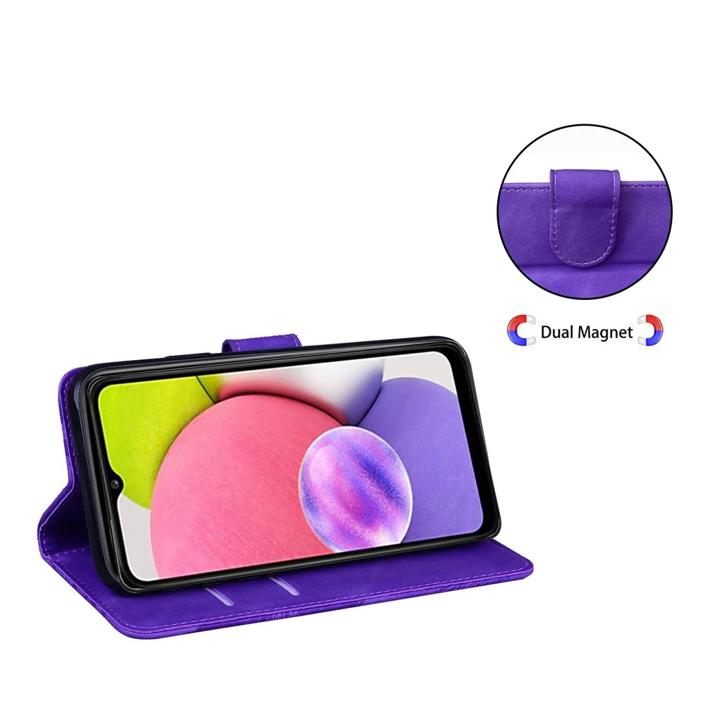 Magnetic Clasp Big Butterfly Pattern Printing Skin-touch PU Leather Phone Cover Shell with Stand Wallet for Samsung Galaxy A03s (166.5mm) - Purple - 7