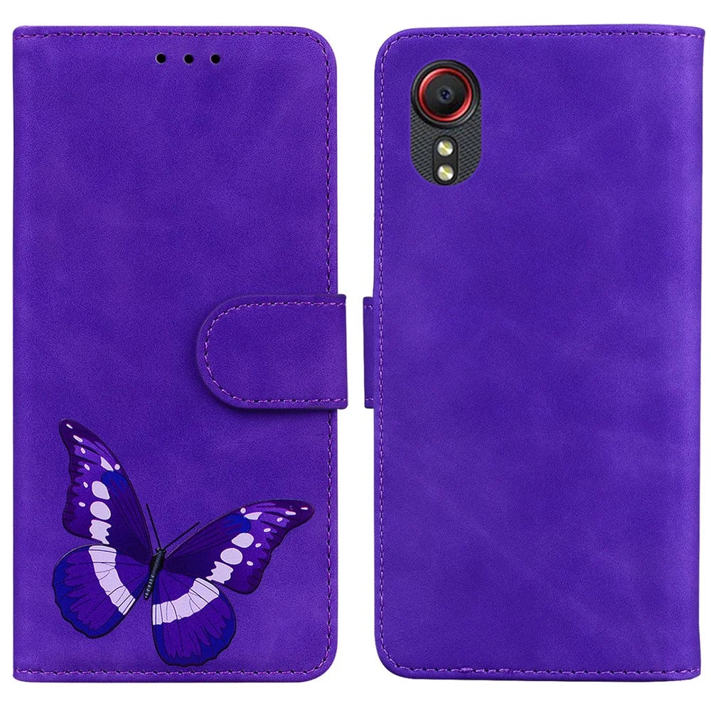 Skin-touch PU Leather Stylish Big Butterfly Printing Design Phone Case Stand Wallet Flip Phone Cover for Samsung Galaxy Xcover 5 - Purple - 1
