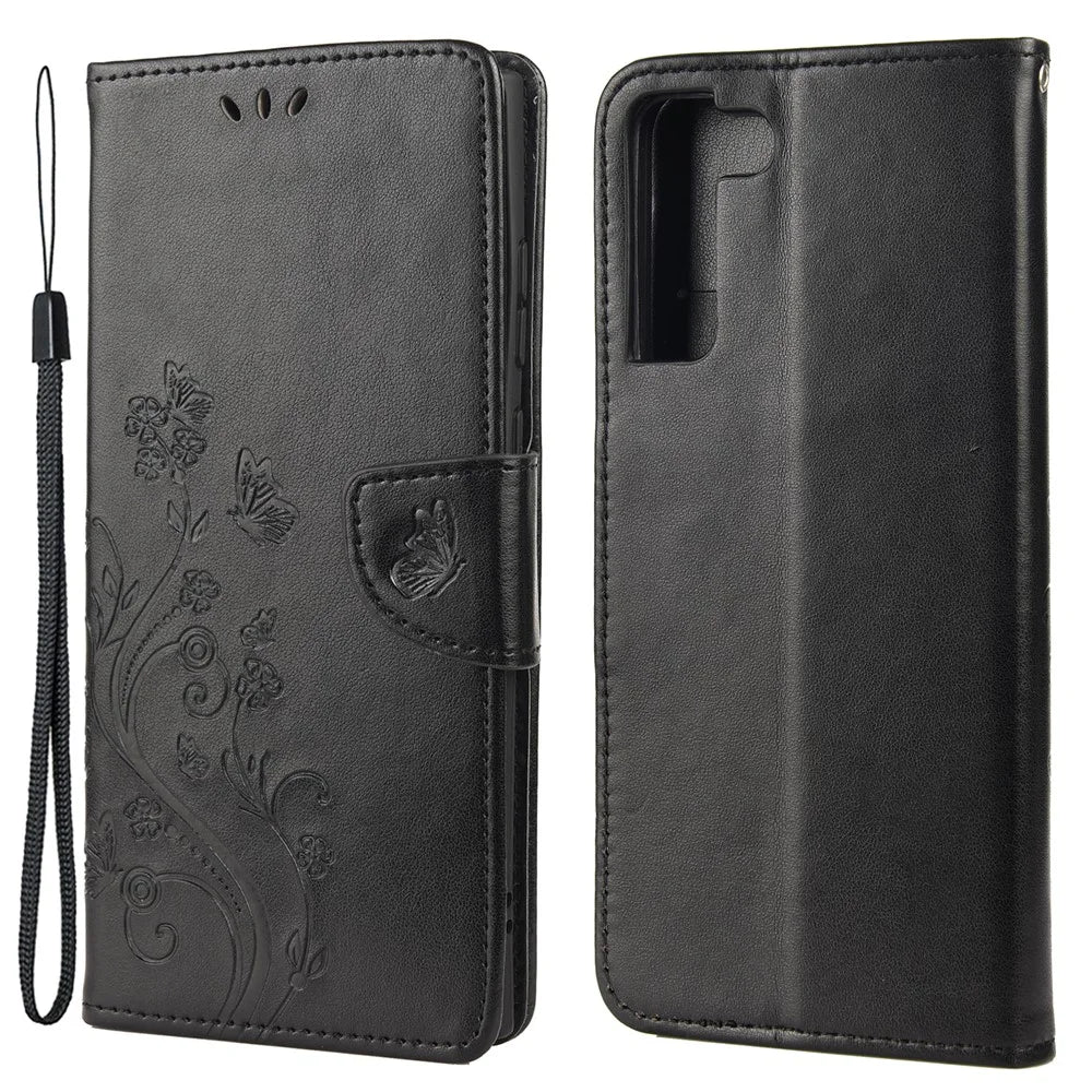 Imprinting Butterflies Flowers Shockproof Protective Leather Phone Case with Stand Wallet for Samsung Galaxy S22+ 5G - Black - 1