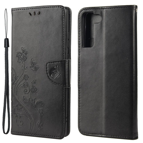 Imprinting Butterflies Flowers Shockproof Protective Leather Phone Case with Stand Wallet for Samsung Galaxy S22+ 5G - Black - 1