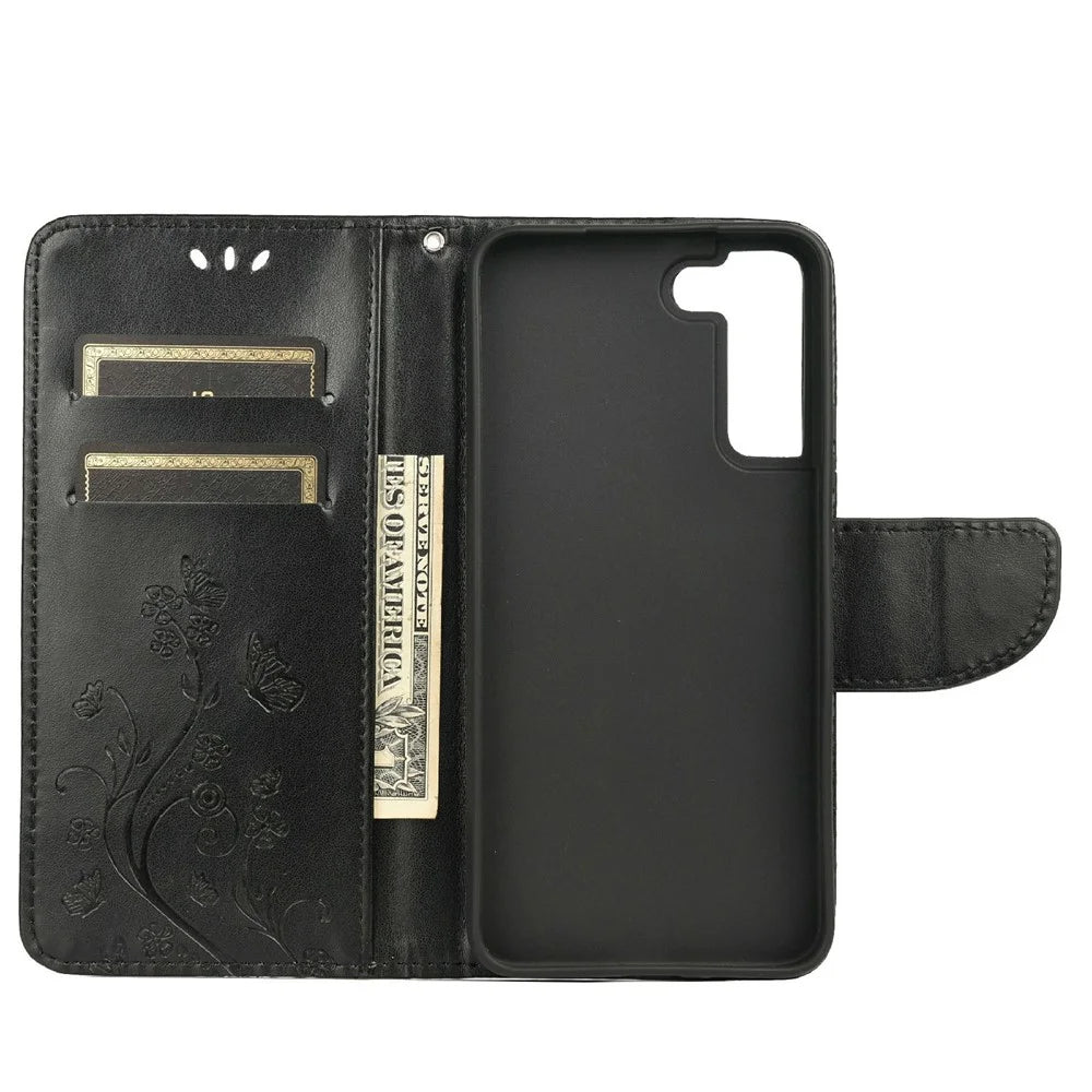 Imprinting Butterflies Flowers Shockproof Protective Leather Phone Case with Stand Wallet for Samsung Galaxy S22+ 5G - Black - 4