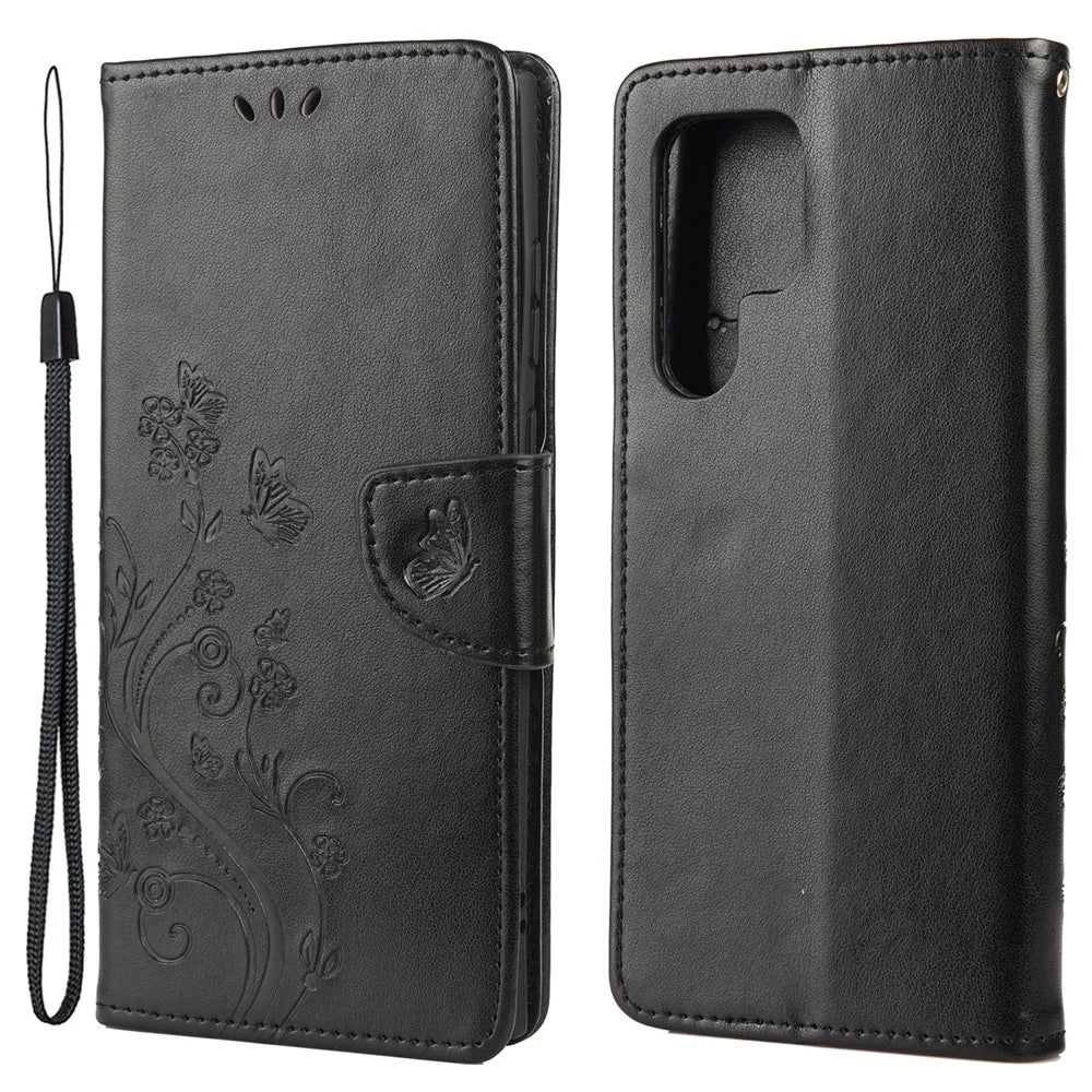 Imprinting Butterflies Flowers Stand Wallet Leather Cover TPU Phone Case for Samsung Galaxy S22 Ultra 5G - Black - 1
