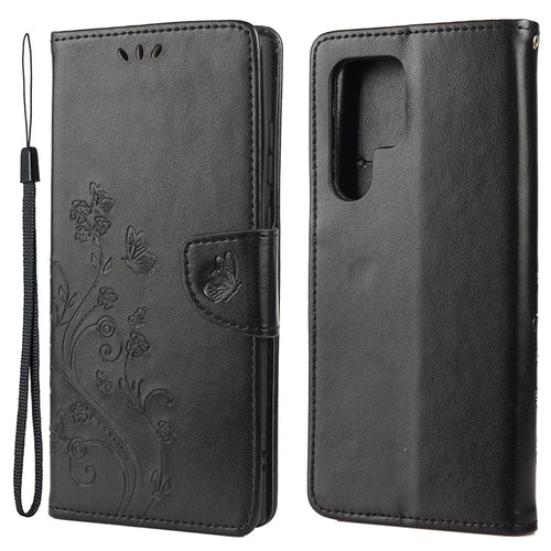 Imprinting Butterflies Flowers Stand Wallet Leather Cover TPU Phone Case for Samsung Galaxy S22 Ultra 5G - Black - 1